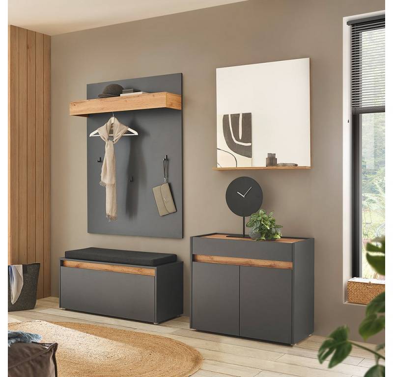Lomadox Garderoben-Set CRISP-61, (Spar-Set, 4-St., Garderobenpaneel Schuhbank Spiegel Kommode), in anthrazit mit Wotan Eiche Nb., griffloses öffnen von Lomadox