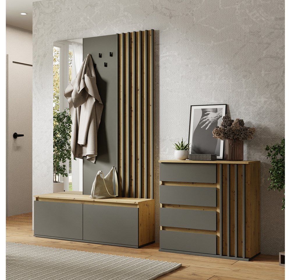 Lomadox Garderoben-Set DAVIS-166, (Spar-Set, 2-St., Kommode Garderoben Kombination), Eiche graphit Lamellen-Design grifflos modern von Lomadox