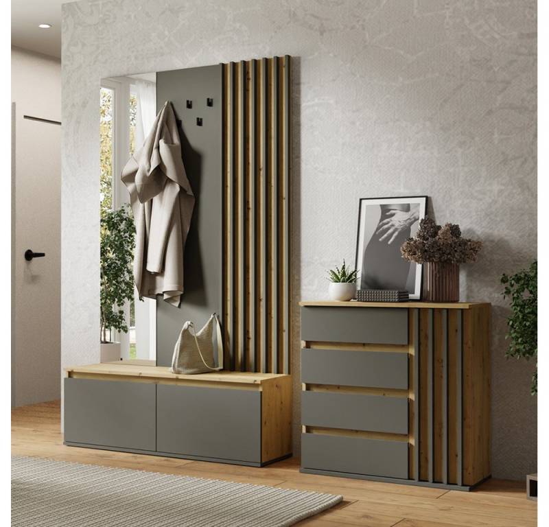 Lomadox Garderoben-Set DAVIS-166, (Spar-Set, 2-St., Kommode Garderoben Kombination), Eiche graphit Lamellen-Design grifflos modern von Lomadox