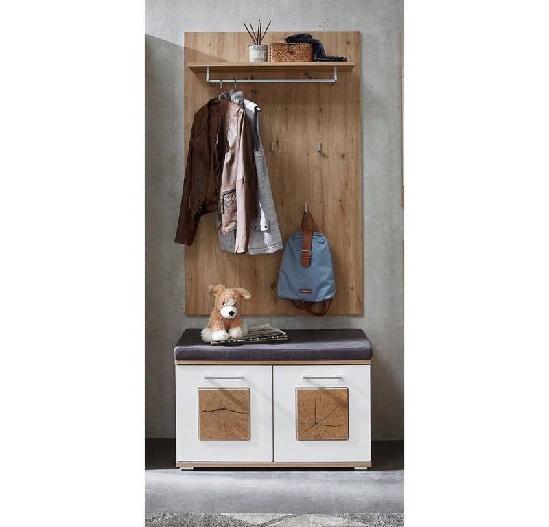 Lomadox Garderoben-Set FARGO-36, (Spar-Set, 2-St), Eiche und weiß Hochglanz mit Hirnholz-Applikation, inkl. Sitzkissen von Lomadox