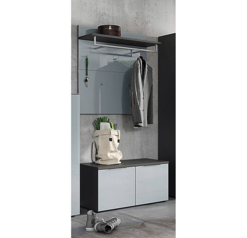 Lomadox Garderoben-Set GENEVA-01, (Spar-Set, 2-St., Garderobenpaneel Schuhbank), graphit grau silber Glasfront Hutablage Kleiderstange Schuhschrank von Lomadox