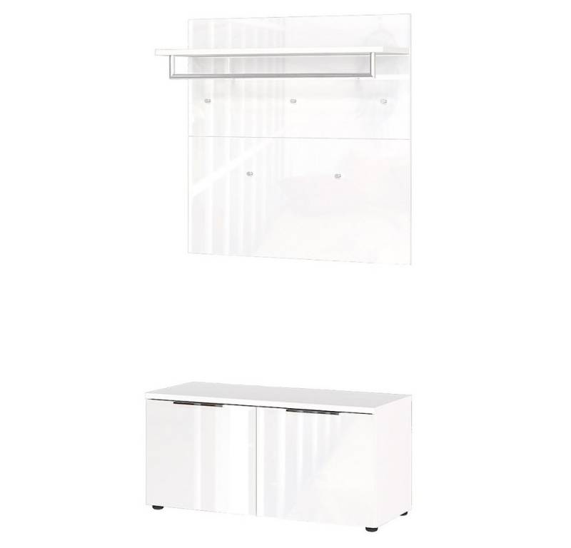 Lomadox Garderoben-Set GENEVA-01, (Spar-Set, 2-St., Garderobenpaneel Schuhbank), weiß Glasfront Hutablage Kleiderstange Schuhschrank Schuhaufbewahrung von Lomadox
