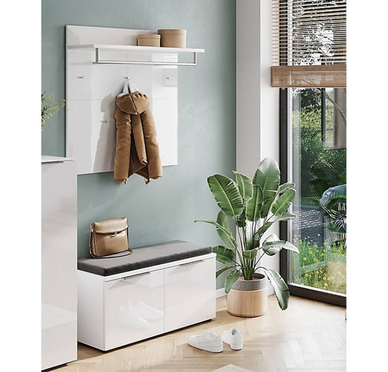 Lomadox Garderoben-Set GENEVA-01, (Spar-Set, 2-St., Garderobenpaneel Schuhbank Sitzpolster), weiß Glasfronten Sitzkissen Kleiderstange Schuhschrank Hutablage von Lomadox