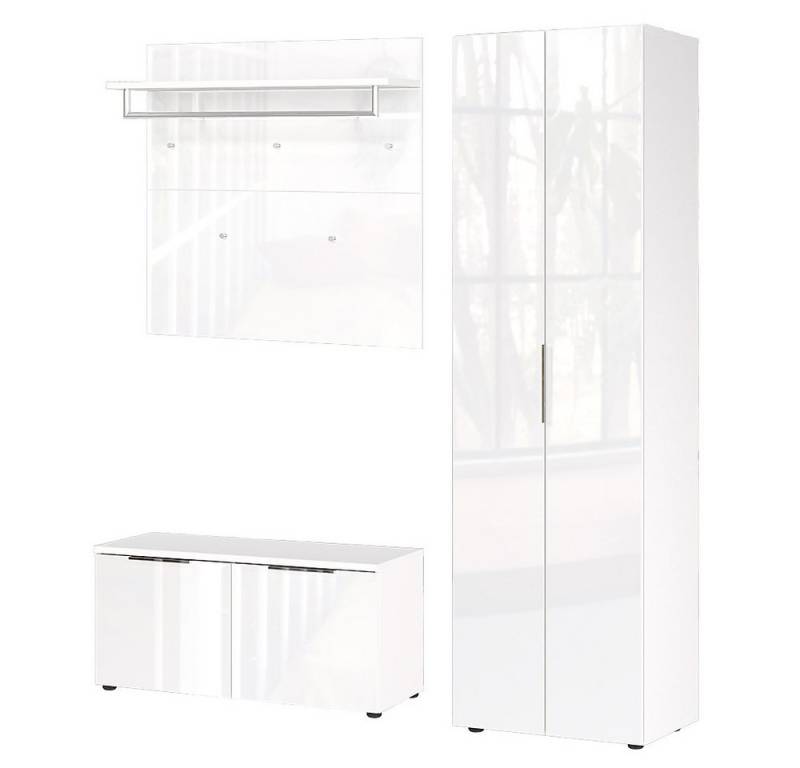 Lomadox Garderoben-Set GENEVA-01, (Spar-Set, 3-St., Garderobenpaneel Schuhbank Garderobenschrank), weiß mit Glasfronten Kleiderstangen Schuhfächer Hutablage von Lomadox