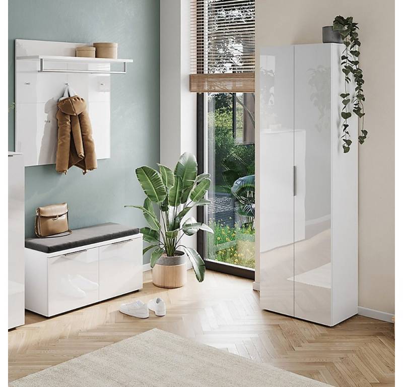 Lomadox Garderoben-Set GENEVA-01, (Spar-Set, 3-St., Garderobenpaneel Schuhbank Sitzpolster Garderobenschrank), weiß mit Glasfronten Kleiderstangen Schuhfächer Hutablage Sitzpolster von Lomadox