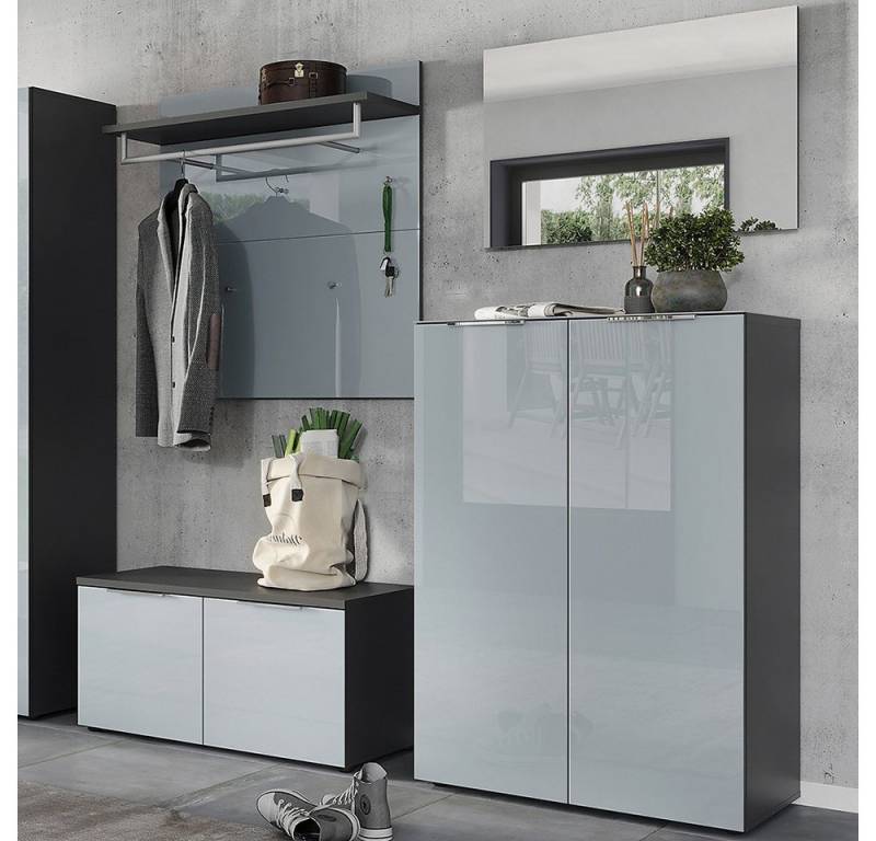 Lomadox Garderoben-Set GENEVA-01, (Spar-Set, 4-St., Schuhschrank Spiegel Garderobenpaneel Schuhbank), graphit grau silber Glasfronten Kleiderstange Hutablage Haken von Lomadox