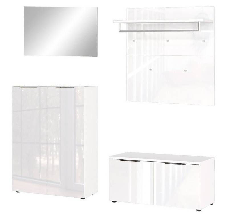Lomadox Garderoben-Set GENEVA-01, (Spar-Set, 4-St., Schuhschrank Spiegel Garderobenpaneel Schuhbank), weiß mit Glasfronten Kleiderstange Hutablage Schuhfächer von Lomadox