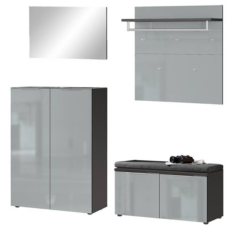 Lomadox Garderoben-Set GENEVA-01, (Spar-Set, 4-St., Schuhschrank Spiegel Garderobenpaneel Schuhbank Sitzpolster), graphit grau silber mit Sitzkissen Kleiderstange Schuhfächer Glasfront von Lomadox