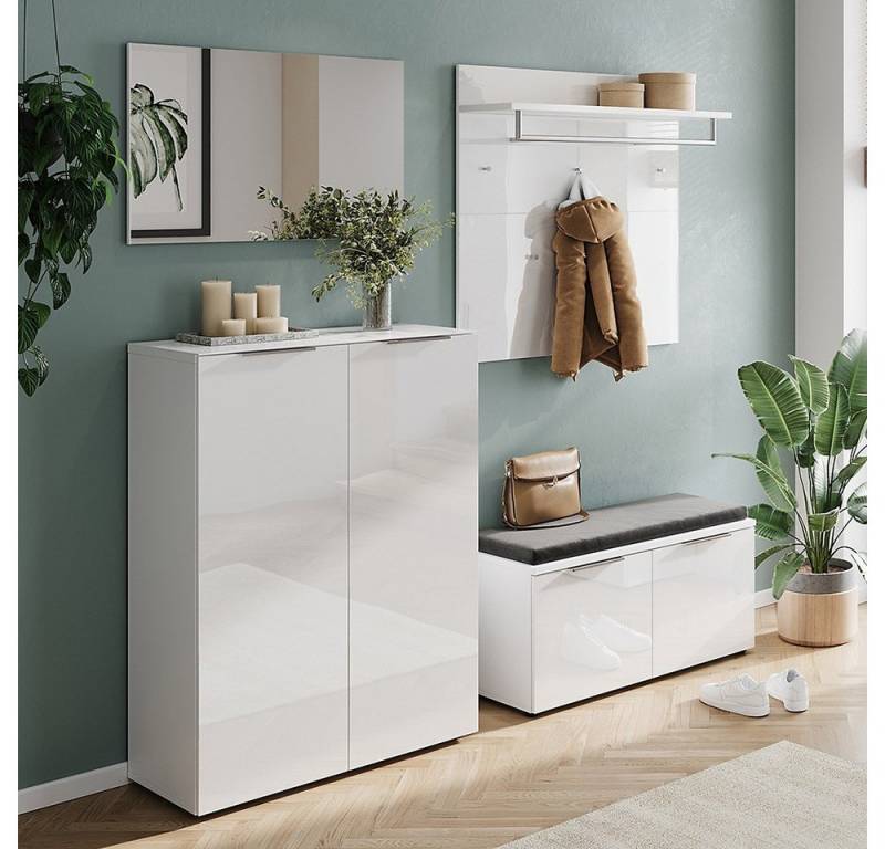 Lomadox Garderoben-Set GENEVA-01, (Spar-Set, 4-St., Schuhschrank Spiegel Garderobenpaneel Schuhbank Sitzpolster), weiß mit Sitzkissen Kleiderstange Schuhfächer Glasfronten von Lomadox