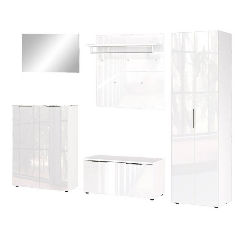 Lomadox Garderoben-Set GENEVA-01, (Spar-Set, 5-St., Schuhschrank Spiegel Garderobenpaneel Schuhbank Garderobenschrank), weiß Glasfronten Kleiderstangen Hutablage von Lomadox