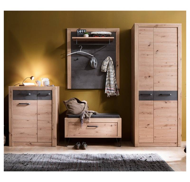 Lomadox Garderoben-Set IOLA-05, (Spar-Set, 4-St., Kommode Garderobenbank Garderobenpaneel Flurschrank), in Eiche, grau Flurgarderobe modern inkl. Sitzpolster von Lomadox