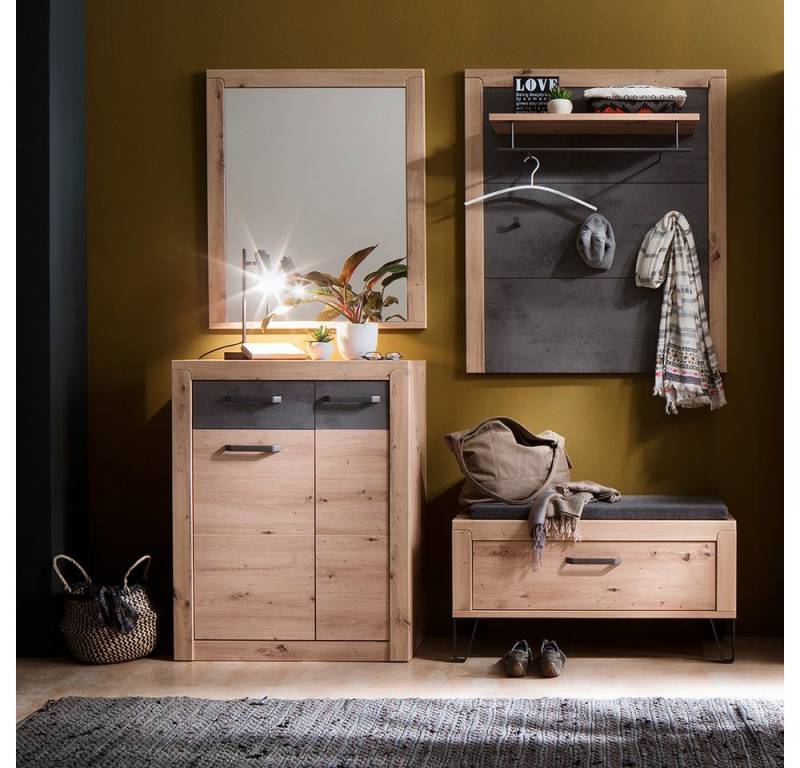 Lomadox Garderoben-Set IOLA-05, (Spar-Set, 4-St., Kommode Spiegel Garderobenbank Garderobenpaneel), in Eiche, grau Garderoben Schränke modern von Lomadox
