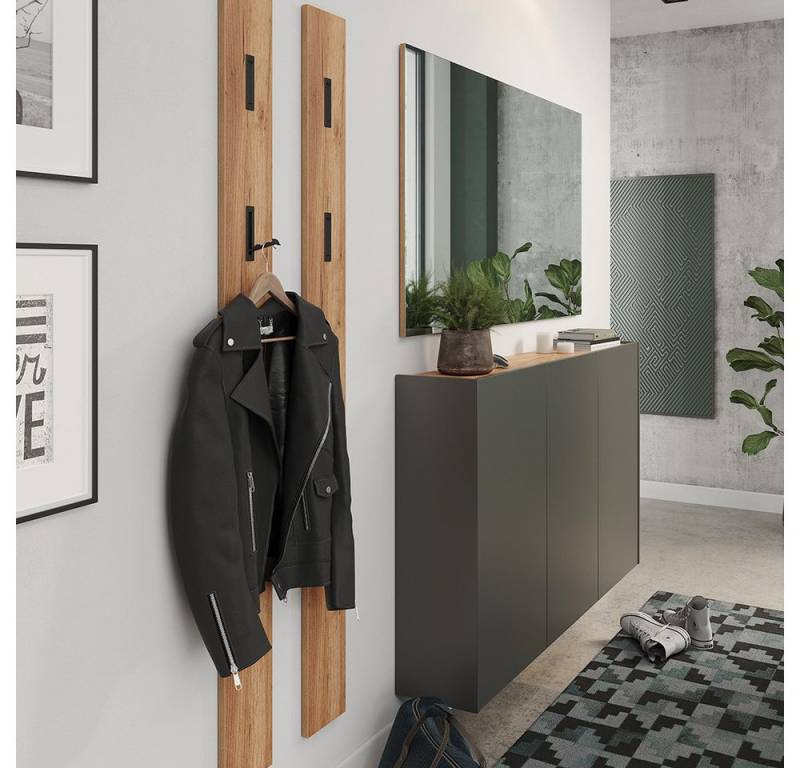 Lomadox Garderoben-Set LAPUA-01, (Spar-Set, 4-St., Garderobenpaneele Spiegel Schuhschrank), Garderobe Flurgarderobe Dielenmöbel, grau mit Eiche von Lomadox