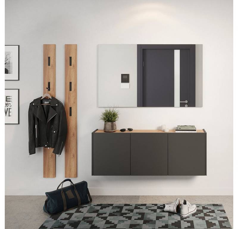 Lomadox Garderoben-Set LAPUA-01, (Spar-Set, 4-St., Garderobenpaneele Spiegel Schuhschrank), Garderobe Flurgarderobe Dielenmöbel, grau mit Eiche von Lomadox