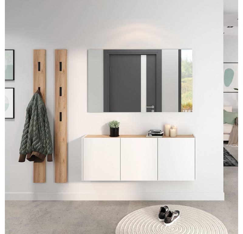 Lomadox Garderoben-Set LAPUA-01, (Spar-Set, 4-St., Garderobenpaneele Spiegel Schuhschrank), Garderobe Flurgarderobe Dielenmöbel, weiß mit Eiche von Lomadox