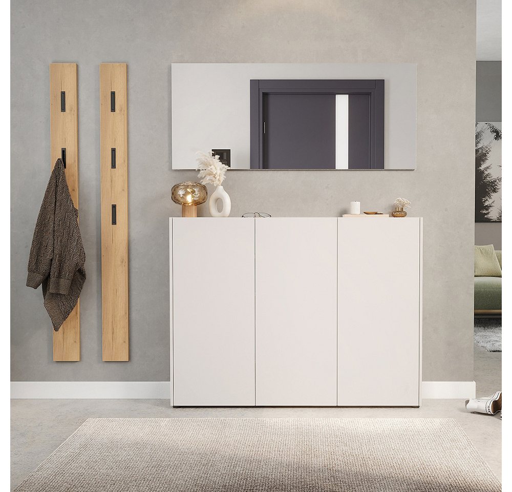 Lomadox Garderoben-Set LAPUA-01, (Spar-Set, 4-St., Schuhschrank Spiegel Garderobenpaneele), in kaschmir und Eiche, ideal für schmale Flure von Lomadox