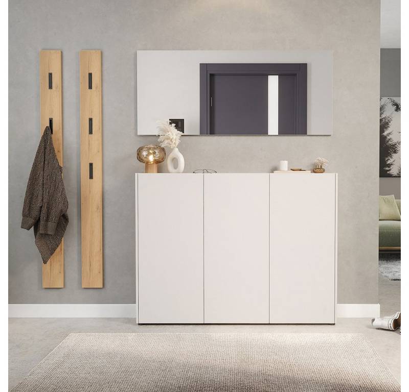 Lomadox Garderoben-Set LAPUA-01, (Spar-Set, 4-St., Schuhschrank Spiegel Garderobenpaneele), in kaschmir und Eiche, ideal für schmale Flure von Lomadox