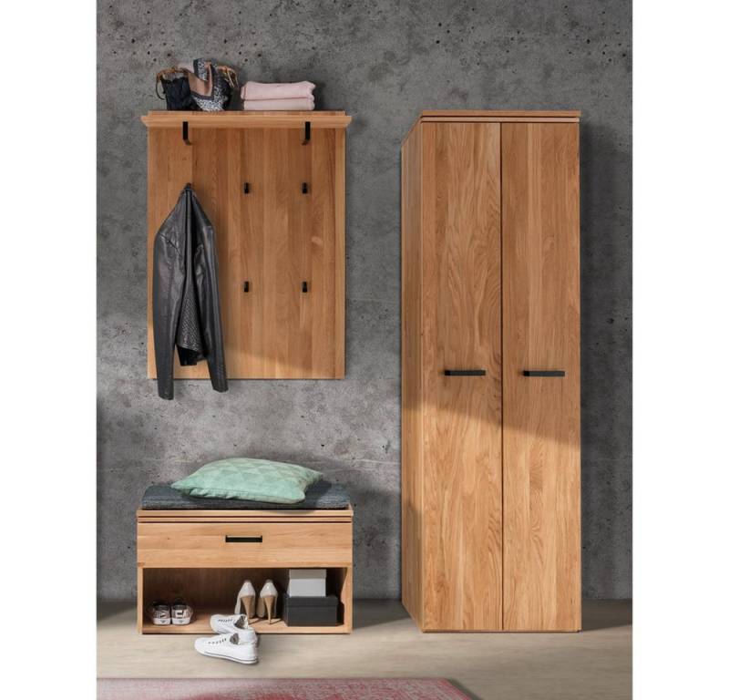 Lomadox Garderoben-Set LEUNA-64, (Spar-Set, 4-St), Wildeiche massiv geölt, Paneel, Dielenschrank, Bank mit Kissen von Lomadox