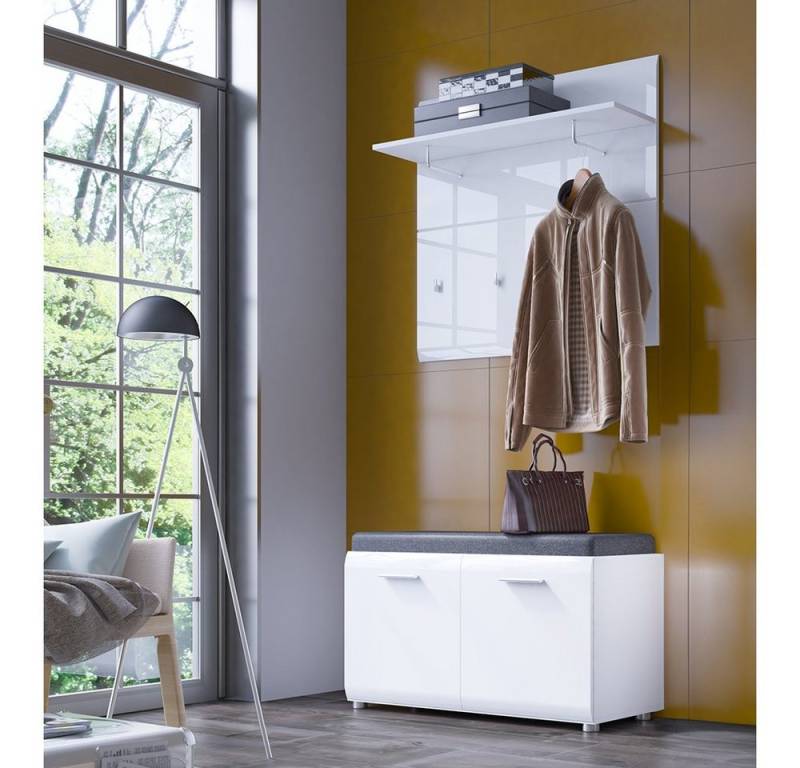 Lomadox Garderoben-Set MALABO-129, (Spar-Set, 2-St), Garderobenpaneel und Schuhbank inkl. Sitzkissen in weiß Hochglanz von Lomadox