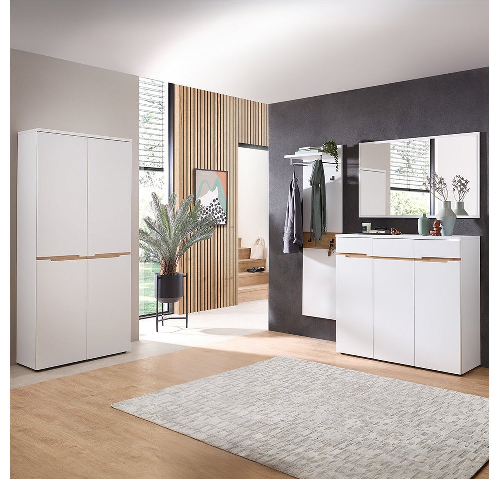 Lomadox Garderoben-Set MANRESA-36-WHITE, (Spar-Set, 4-St., Schuhschränke Spiegel Garderobenpaneel), in weiß mit Eiche, grifflos, mit Schuhschrank und Spiegel von Lomadox