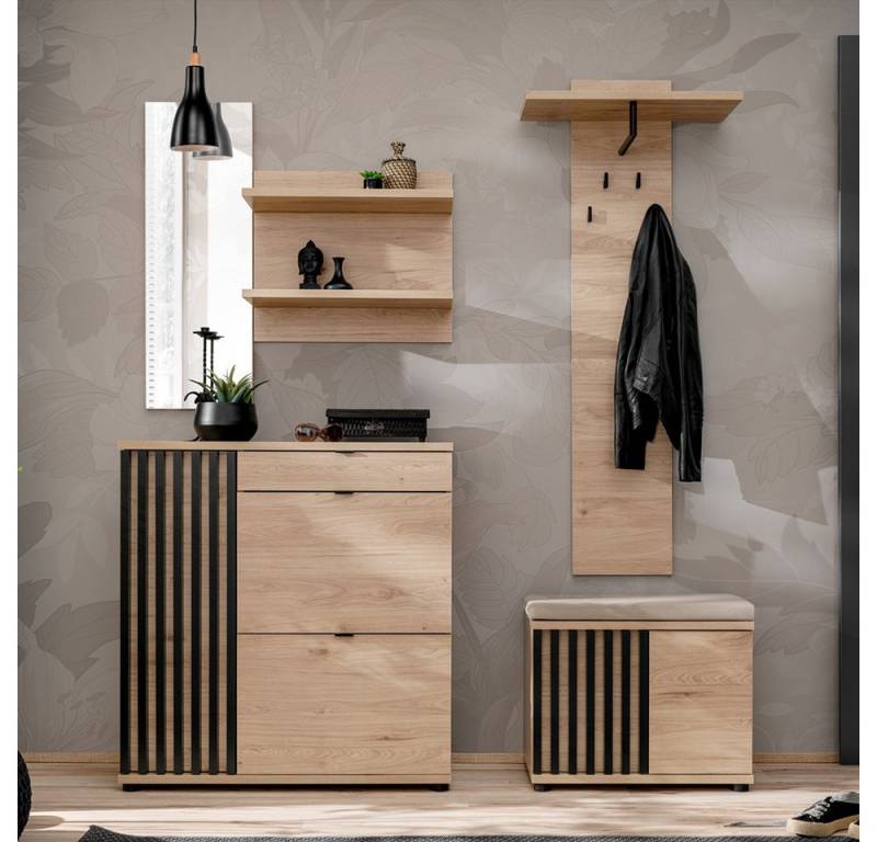 Lomadox Garderoben-Set POLICORO-164, (Spar-Set, 4-St., Spiegelpaneel Schuhschrank Garderobenpaneel Schuhbank), Flurgarderobe, Kastanienholz mit schwarzen Lamellen, inkl. Sitzpolster von Lomadox