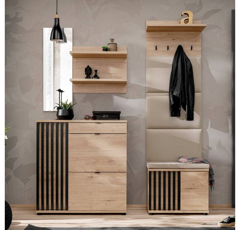 Lomadox Garderoben-Set POLICORO-164, (Spar-Set, 4-St., Spiegelpaneel Schuhschrank Garderobenpaneel Schuhbank), Flurgarderobe, Kastanienholz mit schwarzen Lamellen, inkl. Sitzpolster von Lomadox