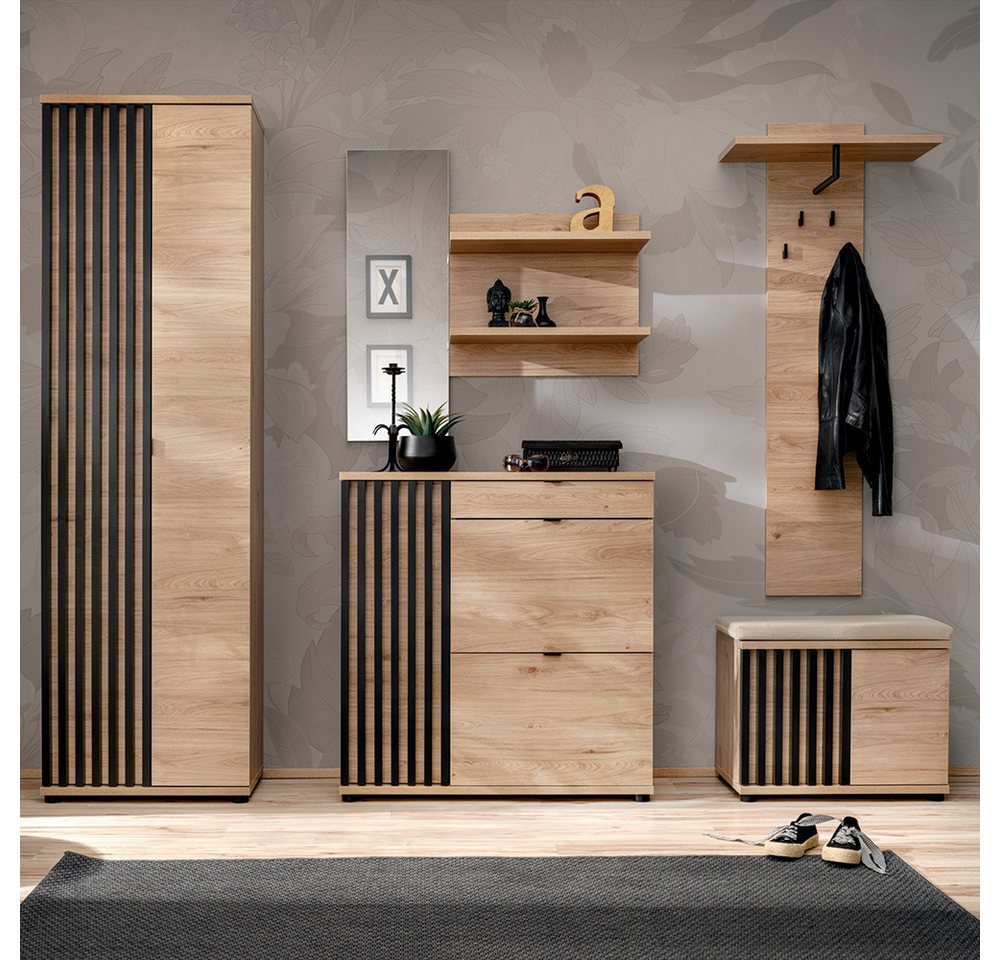 Lomadox Garderoben-Set POLICORO-164, (Spar-Set, 5-St., Garderobenschrank Spiegelpaneel Schuhschrank), Flurgarderobe, Kastanienholz mit schwarzen Lamellen, inkl. Sitzpolster von Lomadox