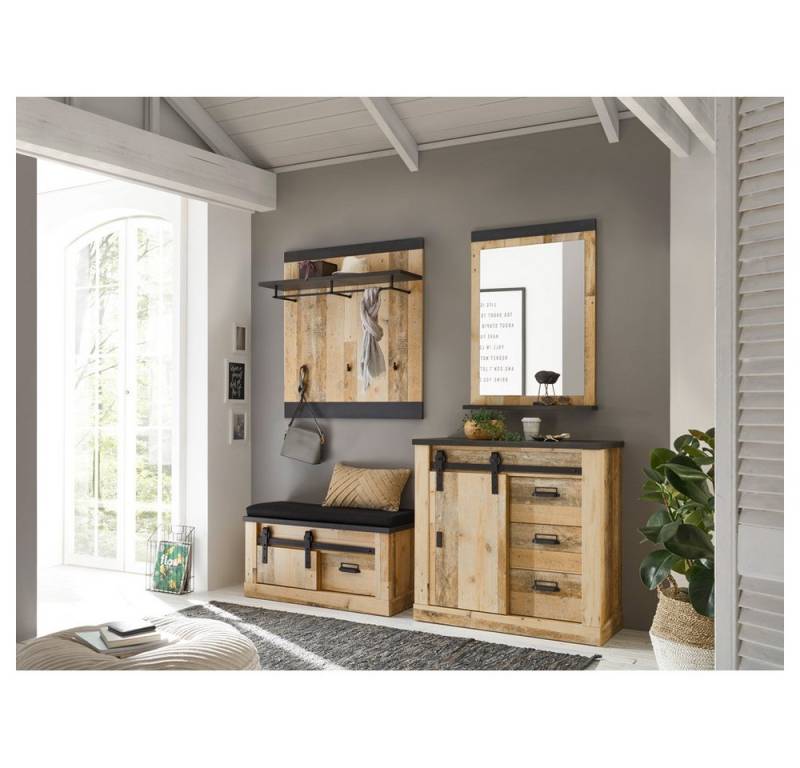 Lomadox Garderoben-Set SHELTON-61, (Spar-Set, 4-St), inkl. Spiegel in Old Style hell mit anthrazit 206/200/43 cm von Lomadox