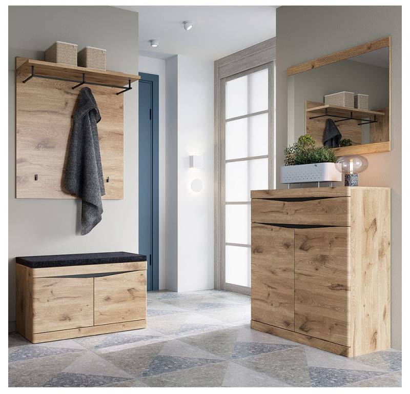 Lomadox Garderoben-Set TRIPOLI-129, (Spar-Set, 4-St., Schuhschrank Garderobenpaneel Kommode Spiegel), Flurmöbel Garderobenschrank Flurschrank Schuhbank modern in Eiche von Lomadox