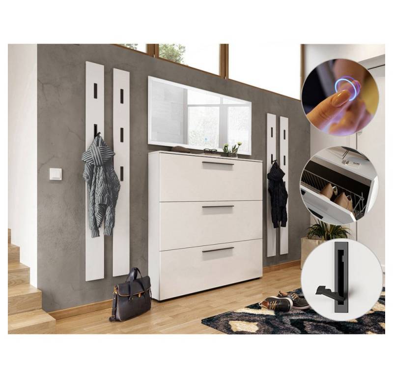 Lomadox Garderoben-Set UTRERA-01, (Spar-Set, 6-St), in weiß mit 140cm LED-Spiegel Schuhschrank 4 Paneele 260/200/19 cm von Lomadox