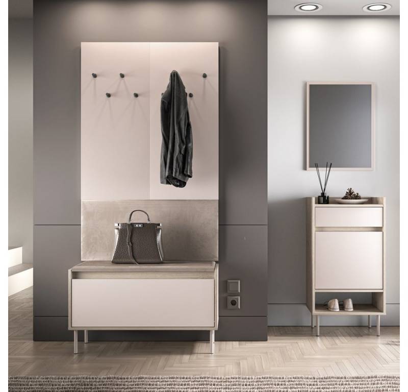 Lomadox Garderoben-Set VITTORIA-131, (Spar-Set, 4-St., Wandpaneel Schuhbank Spiegel Schuhschrank), in Kaschmir mit Eiche von Lomadox