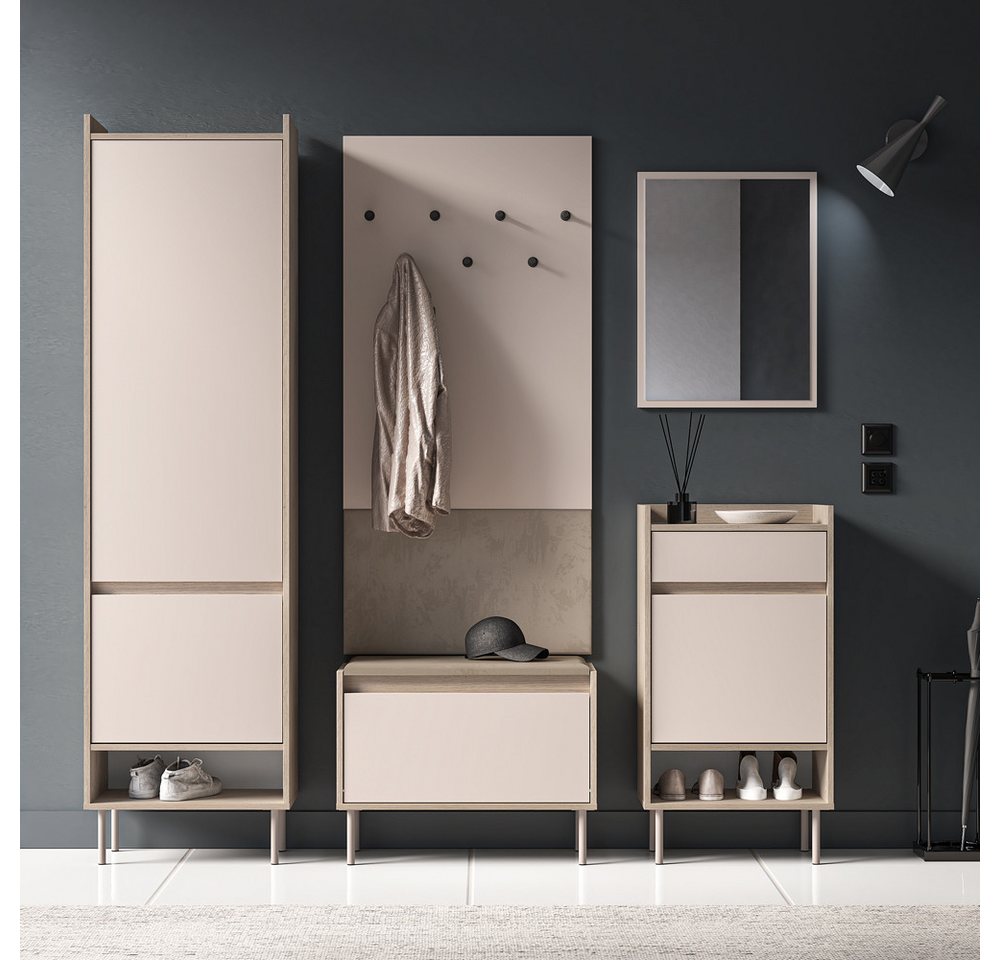 Lomadox Garderoben-Set VITTORIA-131, (Spar-Set, 5-St., Schrank Wandpaneel Schuhbank Spiegel Schuhkommode), in Kaschmir mit Eiche, griffloses Design von Lomadox
