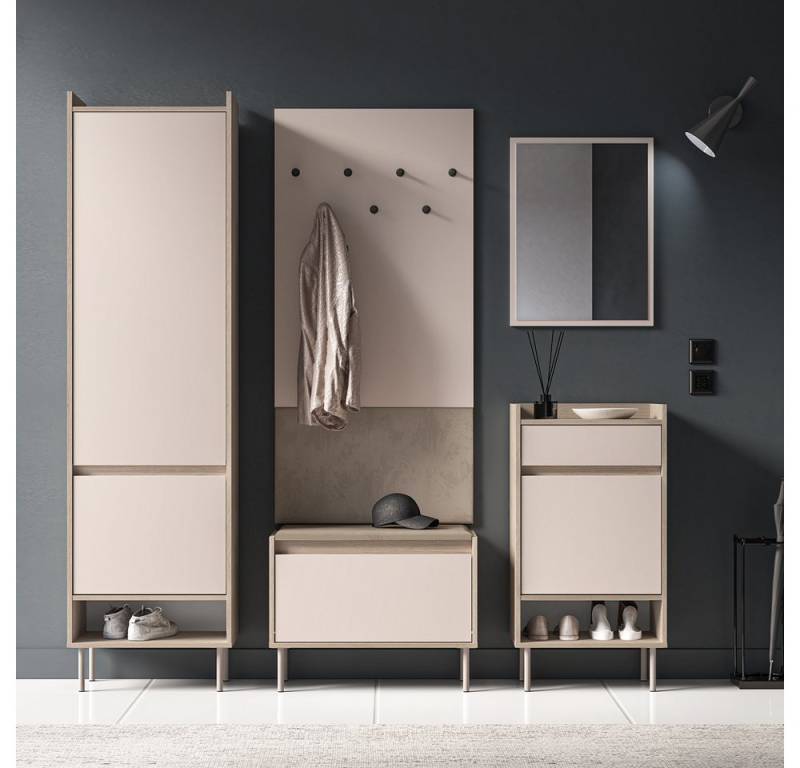 Lomadox Garderoben-Set VITTORIA-131, (Spar-Set, 5-St., Schrank Wandpaneel Schuhbank Spiegel Schuhkommode), in Kaschmir mit Eiche, griffloses Design von Lomadox