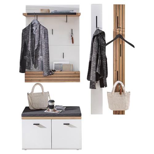 Lomadox Garderoben-Set in weiß und Eiche mit Leistenoptik, moderner Stil, 4-teilig, mit Flurbank und 3 Garderobenpaneelen, montierte Lieferung von Lomadox