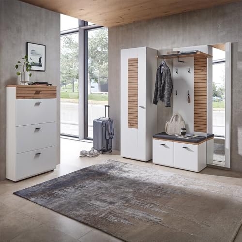 Lomadox Garderoben-Set in weiß und Eiche mit Leistenoptik, moderner Stil, 4-teilig, mit Schuhschrank, Garderobenschrank, Garderobenpaneel und Schuhbank, montierte Lieferung von Lomadox