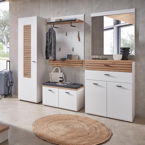 Lomadox Garderoben-Set in weiß und Eiche mit Leistenoptik, moderner Stil, 5-teilig mit Garderobenschrank, Garderobenpaneel, Bank, Spiegel und Schuhschrank, montierte Lieferung von Lomadox