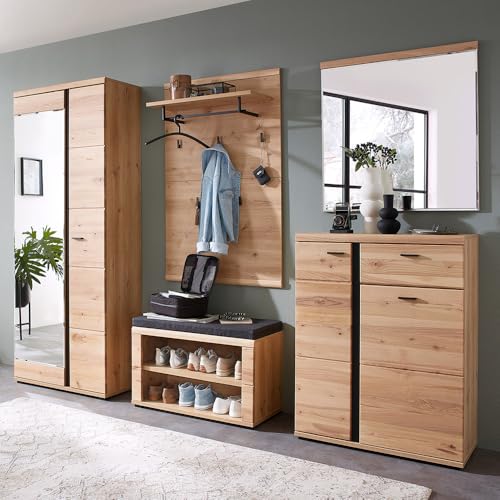 Lomadox Garderoben-Set mit Schuhbank und Spiegel in braun | Flurgarderobe aus Esche massiv im Modernen Stil von Lomadox