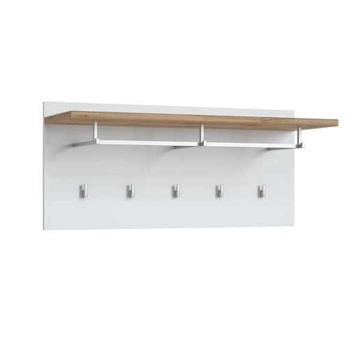 Lomadox Garderobenpaneel Wandgarderobe mit Kleiderstange, 5 Haken, in weiß mit Eiche von Lomadox