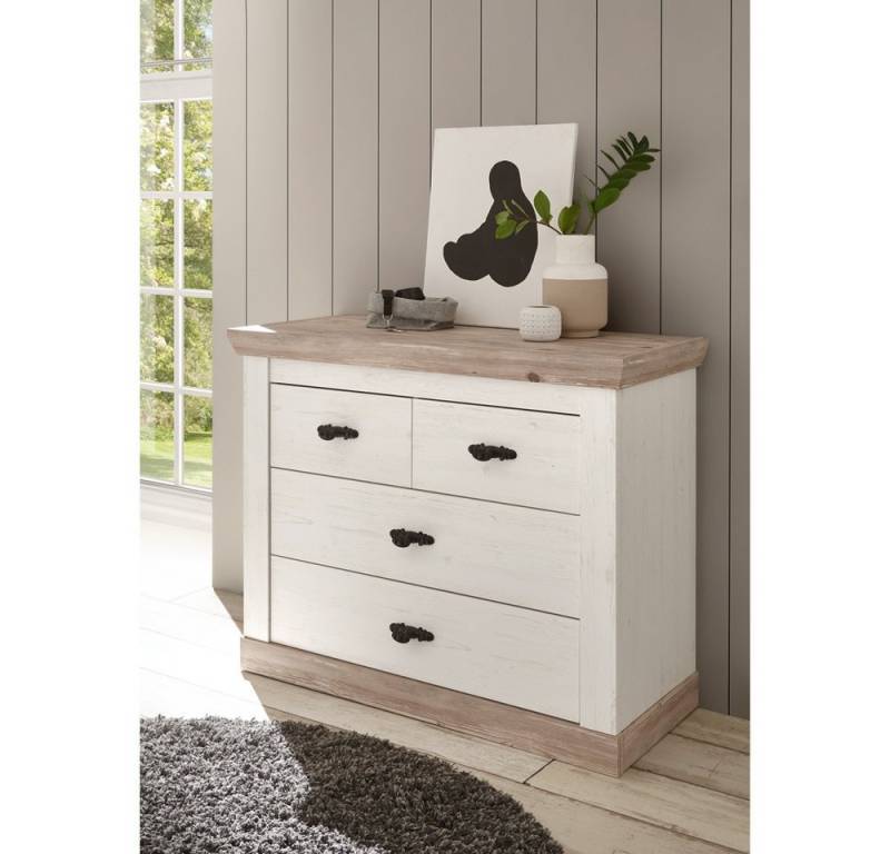 Lomadox Garderobenschrank FERNA-61 Kommode 4 Schubladen Pinie weiß Absetzungen Pinie dunkel 107/84/45 cm von Lomadox