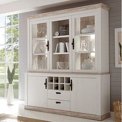 Lomadox Großer Buffet-Schrank im Landhaus Stil in Pinie Weiss inkl. LED-Rückwandbeleuchtung von Lomadox