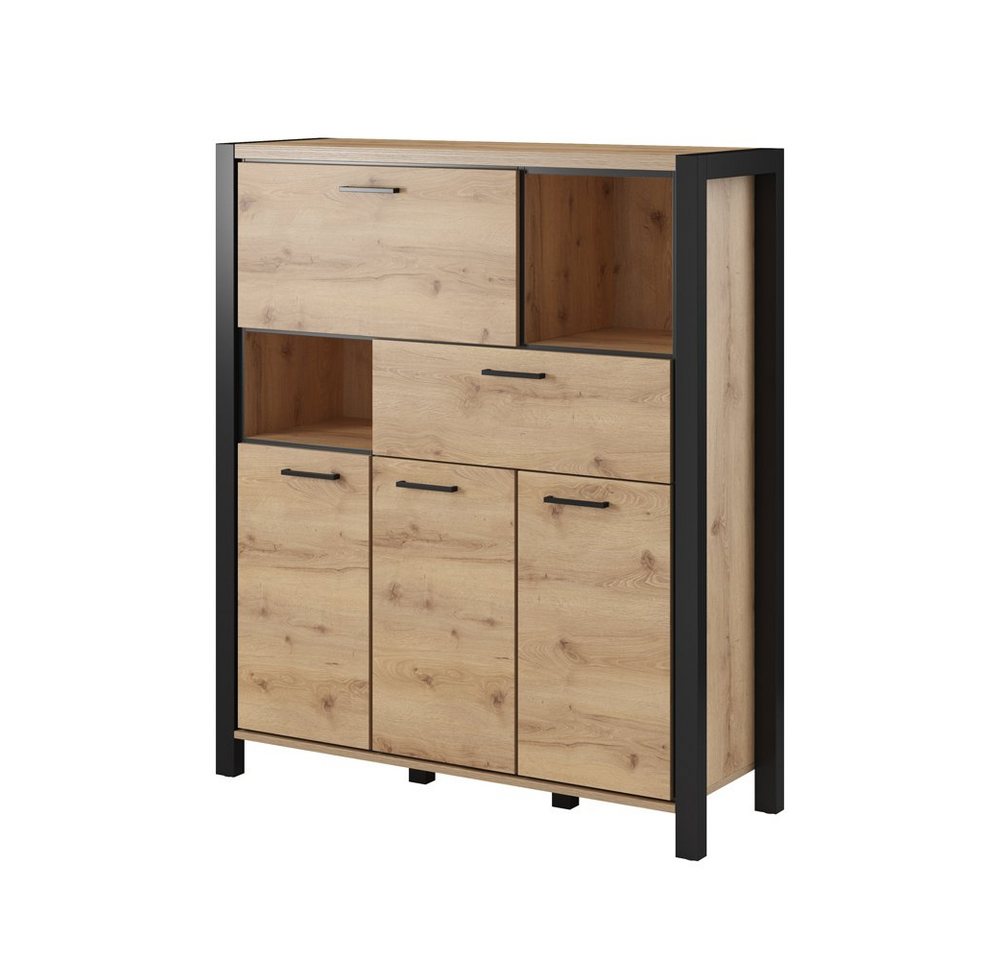 Lomadox Highboard ACCRA-83, Wohnzimmer in Taurus Eiche Nb. und schwarzem Gestell, : 120/140/41 cm von Lomadox