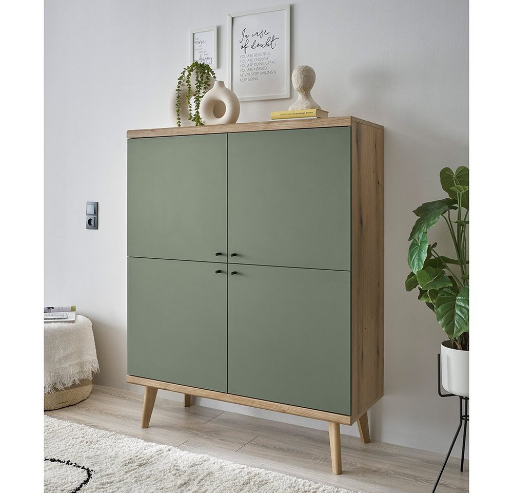 Lomadox Highboard AVEZZANO-61, Evoke Eiche Nb. mit grün, 4 Türen, B/H/T ca. 107/134/40 cm von Lomadox