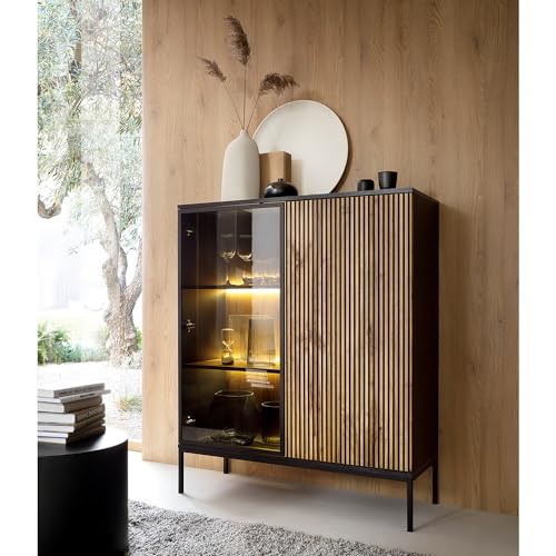 Lomadox Highboard Anrichte mit Beleuchtung Wohnzimmer Esszimmer in schwarz mit Wotan Eiche von Lomadox