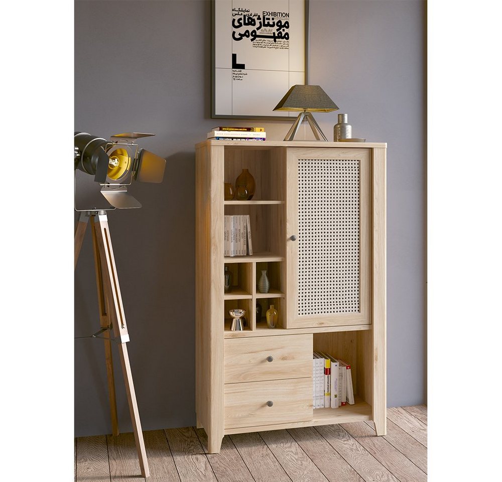 Lomadox Highboard CREMONA-129, Wohnzimmer in Eiche Nb. mit Wiener Geflecht Nb., B/H/T: 89/150/42 cm von Lomadox