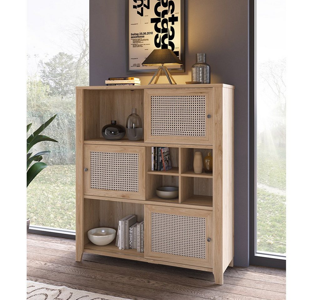 Lomadox Highboard CREMONA-129, mit Schiebetüren in Eiche Nb. mit Wiener Geflecht Nb. : 129/150/42 cm von Lomadox