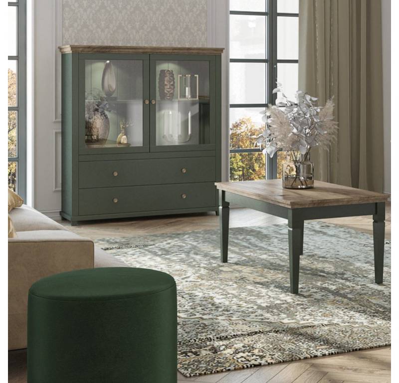 Lomadox Wohnzimmer-Set EPSOM-83, (Mega-Spar-Set, 2-St., 2-tlg), Epsom-83 Couchtisch und Vitrine in grün mit Lefkas Eiche Nb. von Lomadox