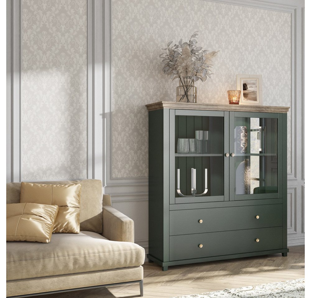 Lomadox Highboard EPSOM-83, grün mit Lefkas Eiche Nb. 126/138/42 cm von Lomadox