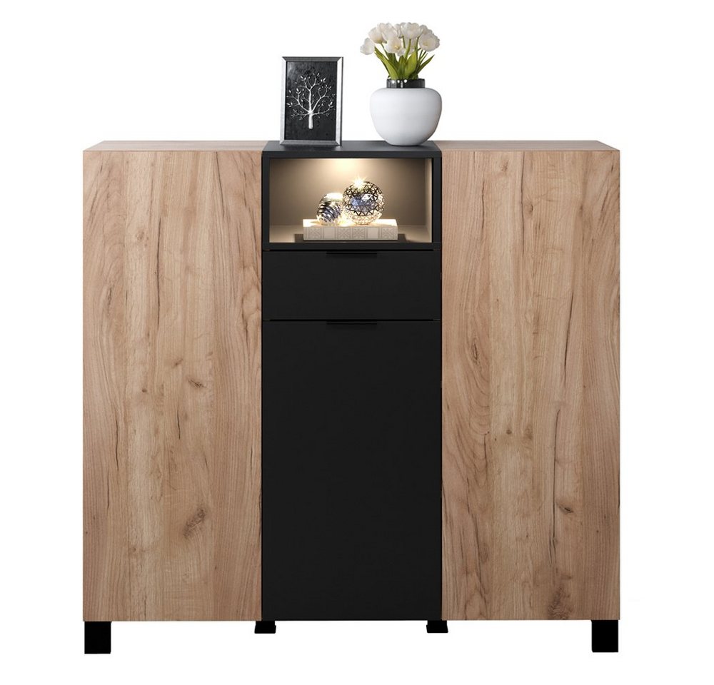 Lomadox Highboard KEMBA-19, Beleuchtung, Eiche Nb, schwarz matt, Schubkasten, offenes Fach von Lomadox