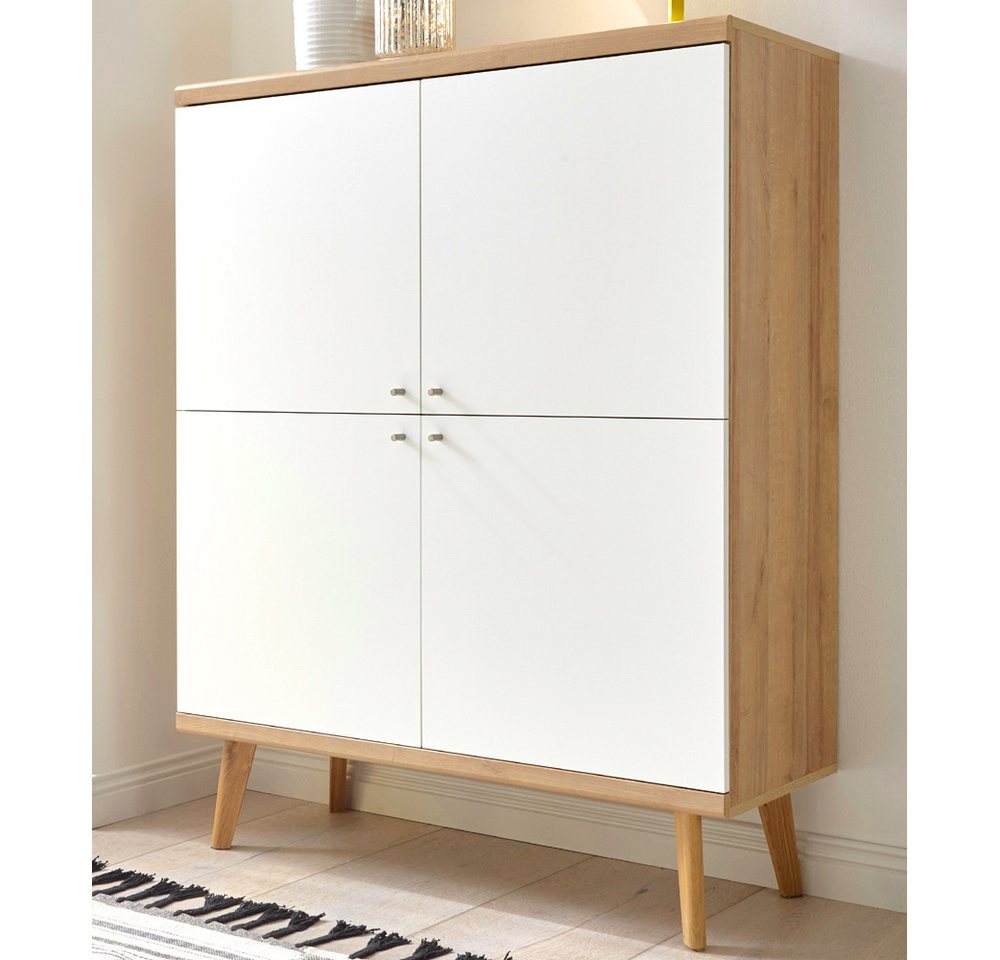 Lomadox Highboard MAINZ-61, Würfel im Retro-Stil in weiß matt mit Eiche Riviera Nb. 107x134x40cm von Lomadox