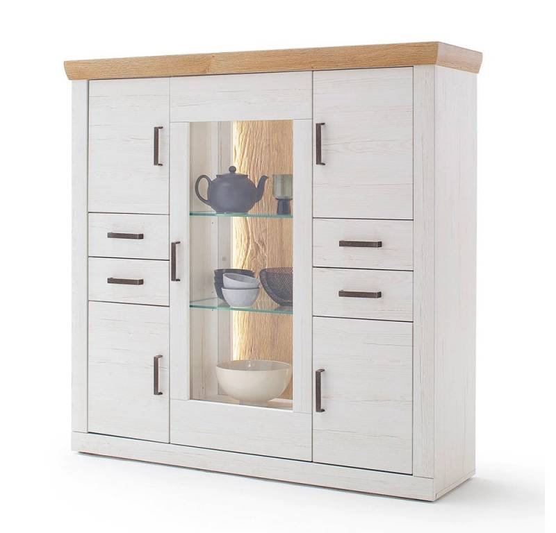 Lomadox Highboard MARINGA-05, inkl. Beleuchtung, Pinie weiß mit Eiche Nb., ca. 142/142/40cm von Lomadox